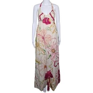 Y2K Floral Linen Halter Maxi Dress Size Small